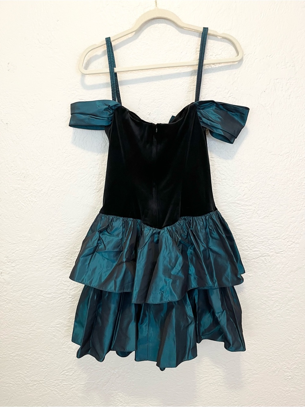 Vintage Mini Dress Black Velvet Teal Blue Taffeta Ruffle HOCO 9 Medium - Picture 13 of 14